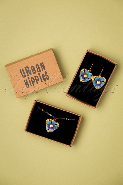 Urban Hippies - 70s Laska Flower Love Earrings in Gold and Blue 4