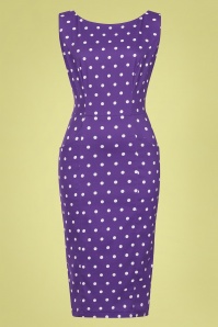 Collectif Clothing - 50s Hepburn Pretty Polka Dot Pencil Dress in Purple
