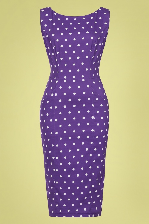 Collectif Clothing - Hepburn Pretty Polka Dot pencil jurk in paars
