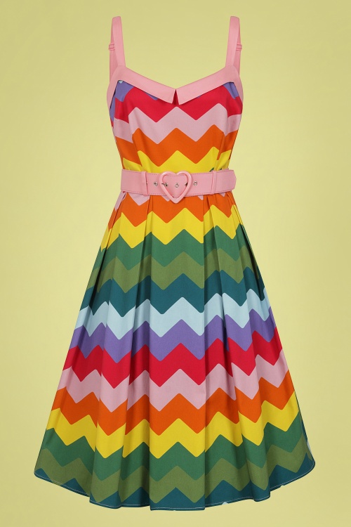 Collectif Clothing - Dorothy Rainbow Chevron Swing Kleid in Multi