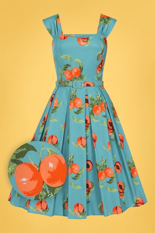 Collectif Clothing - Jill Vintage Peaches Swing jurk in lichtblauw
