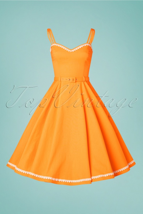 Collectif Clothing - 50s Nova Heart Trim Swing Dress in Orange 2