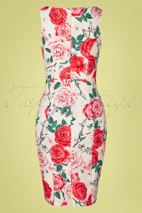 Hearts & Roses - 50s Rosie Floral Wiggle Dress in White 5