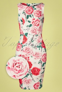 Hearts & Roses - 50s Rosie Floral Wiggle Dress in White 2