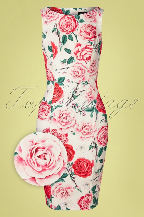 Hearts & Roses - Rosie Floral Wiggle Dress Années 50 en Blanc 2