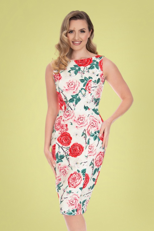 Hearts & Roses - Rosie Floral Wiggle Dress Années 50 en Blanc