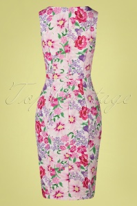 Hearts & Roses - 50s Sylvie Floral Wiggle Dress in White and Pink 5
