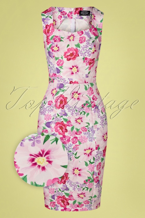 Hearts & Roses - 50s Sylvie Floral Wiggle Dress in White and Pink 2