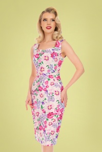 Hearts & Roses - 50s Sylvie Floral Wiggle Dress in White and Pink