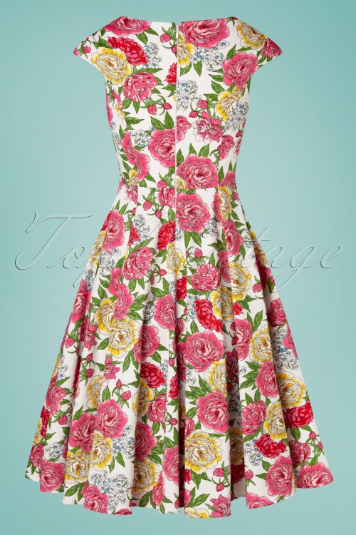 Hearts & Roses - 50s Rosana Floral Swing Dress in White 6