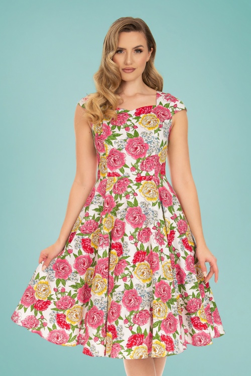 Hearts & Roses - Rosana Floral Swing Dress Années 50 en Blanc