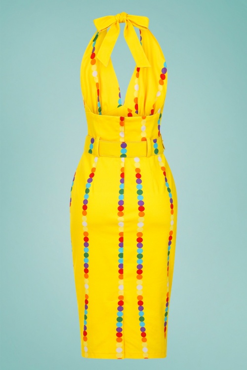 Collectif Clothing - Ramona Rainbow Polka Stripe Pencil Dress Années 50 en Jaune 2