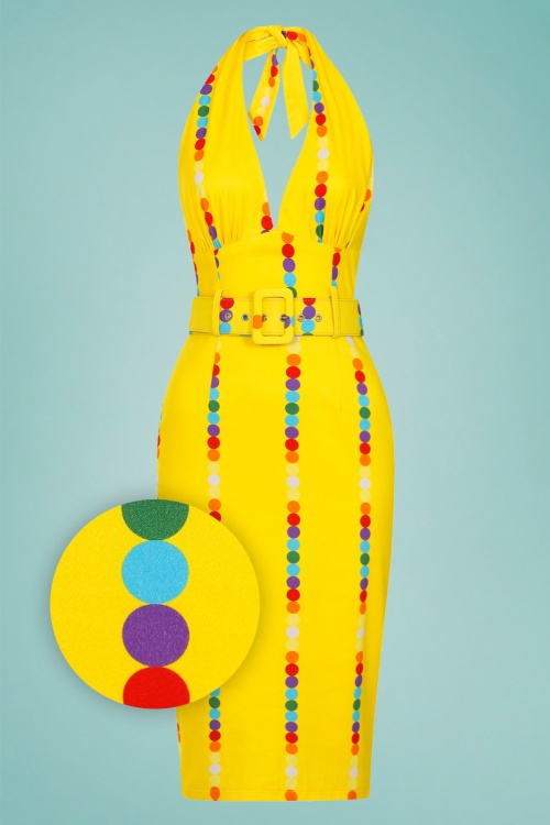 Collectif Clothing - Ramona Rainbow Polka Stripe Pencil Dress Années 50 en Jaune