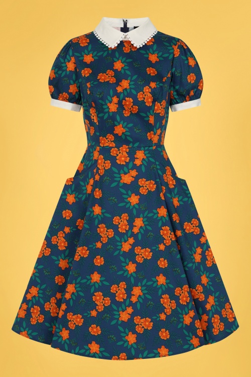 Collectif Clothing - Peta Flora Swing Kleid in Marineblau