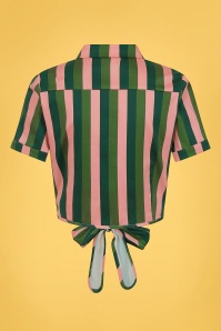 Collectif Clothing - 50s Sammy Palm Stripe Tie Blouse in Pink and Green 2