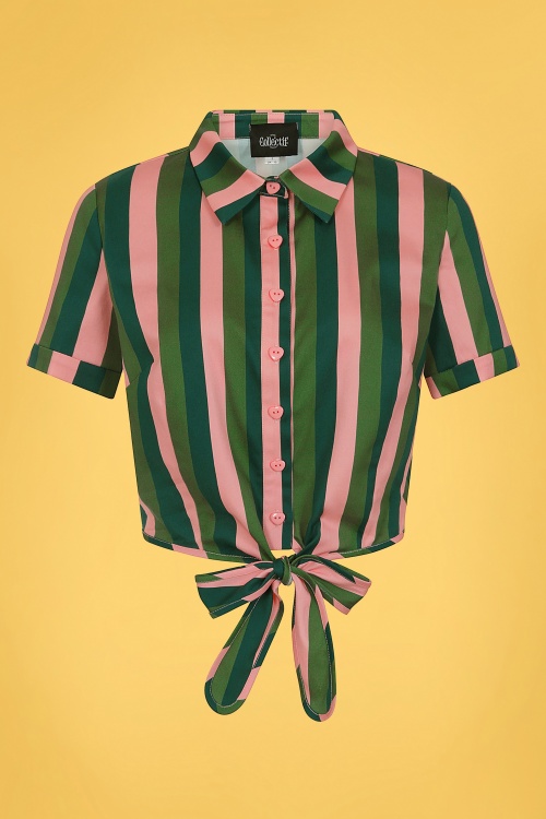 Collectif Clothing - Sammy Palm Stripe Tie Bluse in Pink und Grün