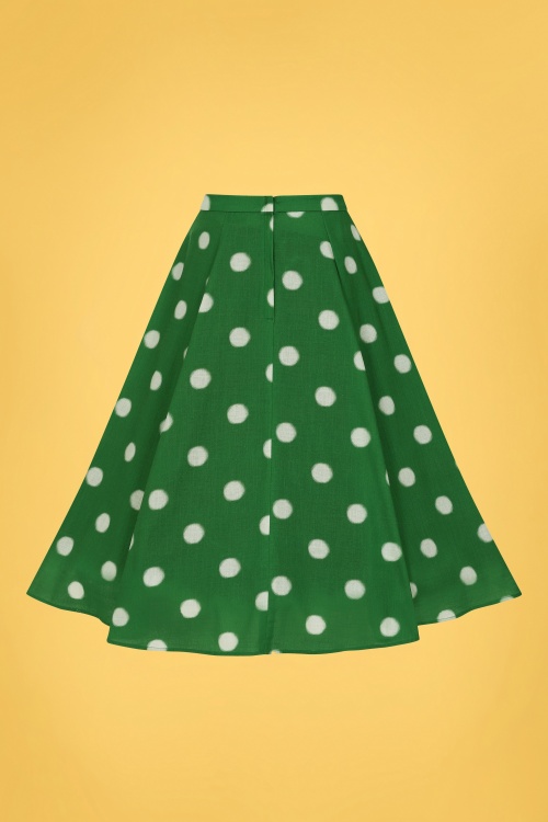 Collectif Clothing - 50s Clara Painted Polka Midi Skirt in Green 2