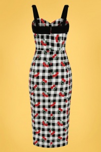 Collectif Clothing - 50s Kiana Gingham Cherries Pencil Dress in Black and White 2