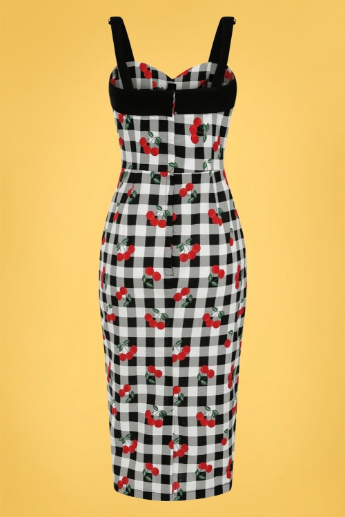 Collectif Clothing - 50s Kiana Gingham Cherries Pencil Dress in Black and White 2