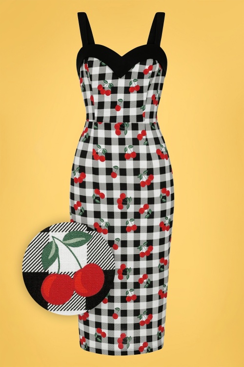 Collectif Clothing - 50s Kiana Gingham Cherries Pencil Dress in Black and White