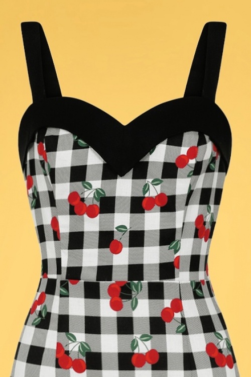Collectif Clothing - 50s Kiana Gingham Cherries Pencil Dress in Black and White 3