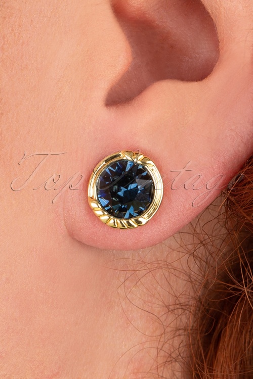 Lovely - Heirloom Swarovski Earrings Années 40 en Doré et Bleu