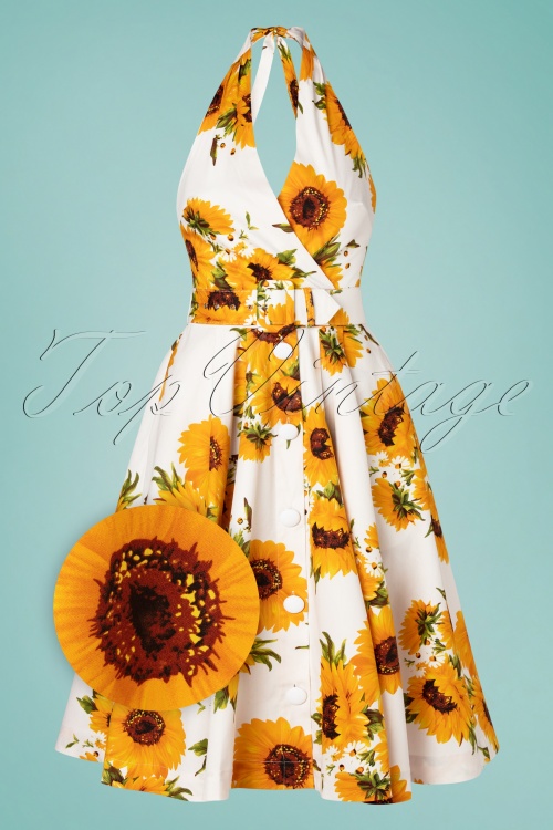 Unique Vintage - TarryTown Hostess Sonnenblumen Kleid in Weiß 2