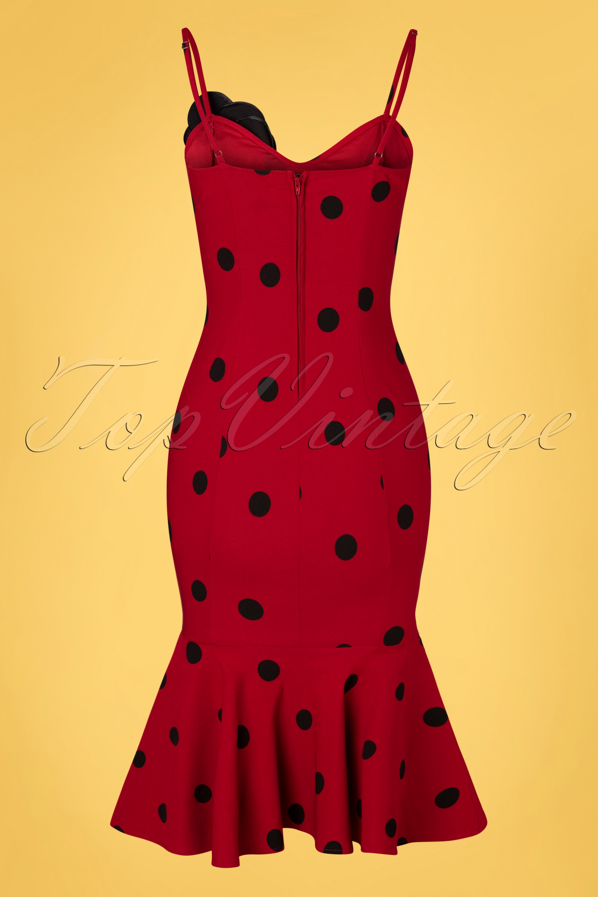 Unique Vintage - Grease Rizzo Polkadot wikkel jurk in rood en zwart 6