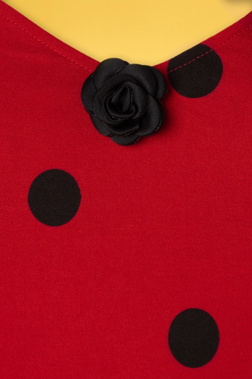 Unique Vintage - Grease Rizzo Polkadot wikkel jurk in rood en zwart 5