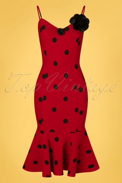 Unique Vintage - 50s Grease Rizzo Polkadot Wiggle Dress in Red and Black 2