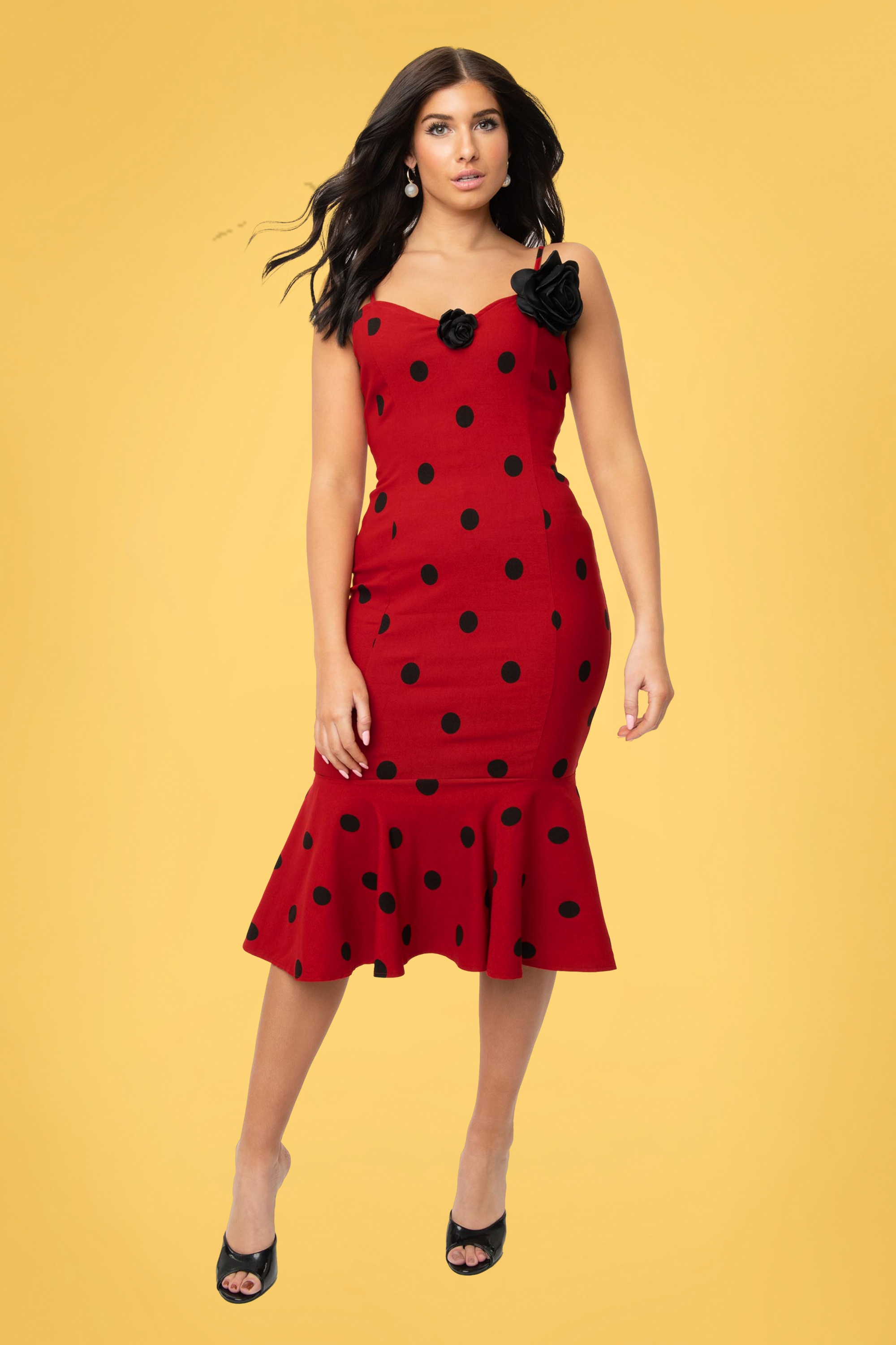 Unique Vintage - Grease Rizzo Polkadot wikkel jurk in rood en zwart