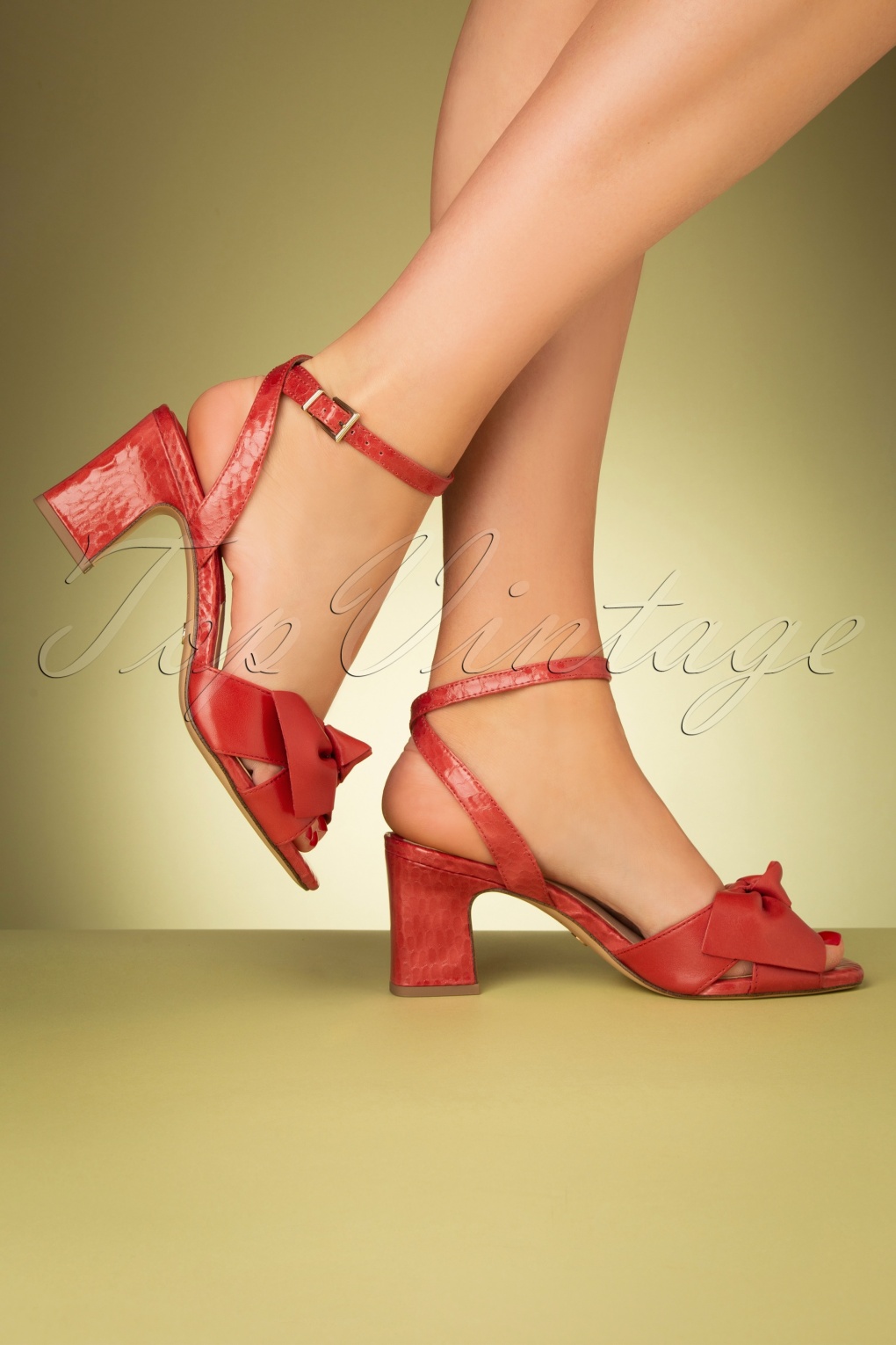 60s Rosaly Bow Block Heel Sandals in Flame