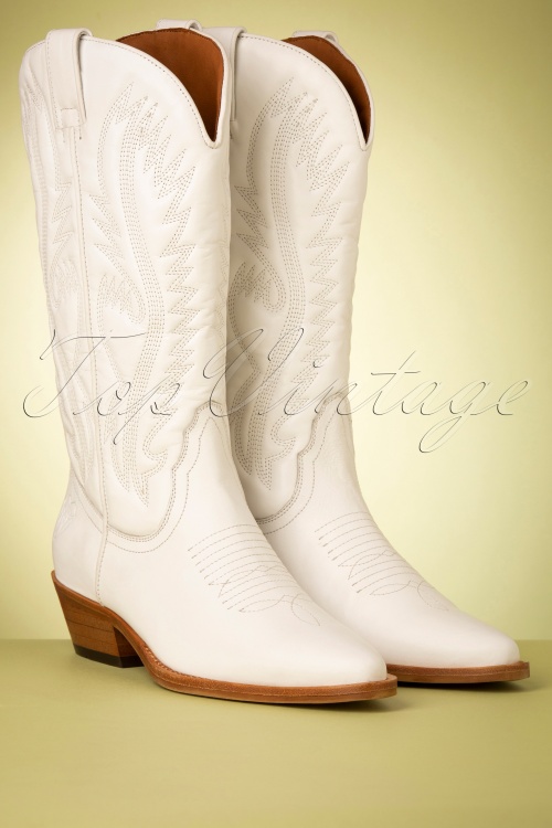 La Pintura - Julia Stitched Western Boots Années 70 en Blanc Cassé