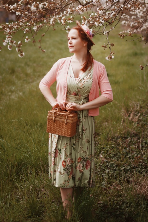 Vintage Chic for Topvintage - Jane bloemen midi-jurk in vintage groen 2