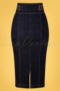 Queen Kerosin - Workwear Denim Pencil Skirt Années 50 en Bleu Foncé 2