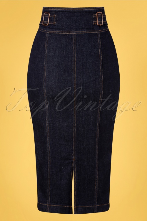 Queen Kerosin - Workwear Denim Pencil Skirt Années 50 en Bleu Foncé 2