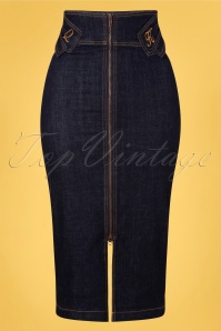 Queen Kerosin - Workwear Denim Pencil Skirt Années 50 en Bleu Foncé