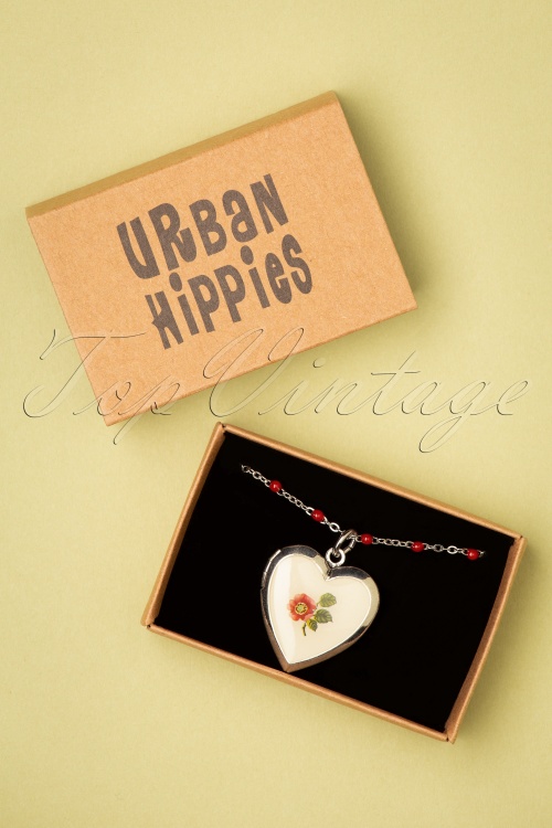 Urban Hippies - Locket Flower Love Necklace Années 70 en Argenté et Crème