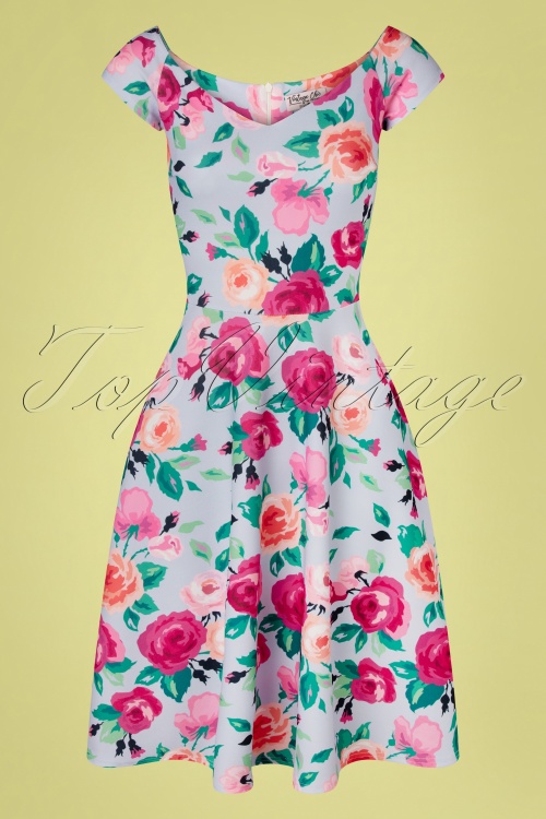 Vintage Chic for Topvintage - Fabienne floral swing jurk in hemelsblauw