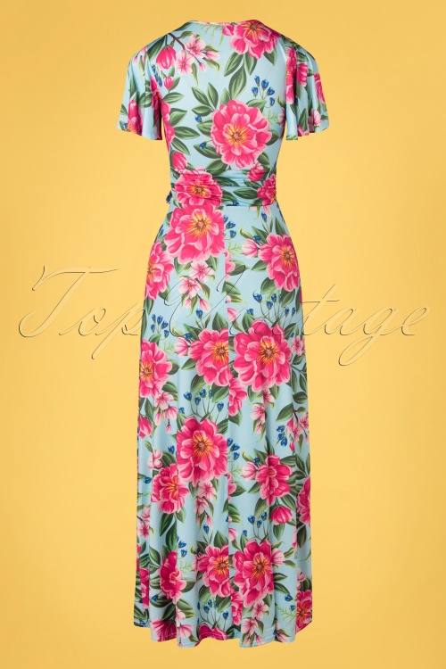 Vintage Chic for Topvintage - Milene Floral Cross Over Maxi Dress Années 50 en Rose et Bleu 2