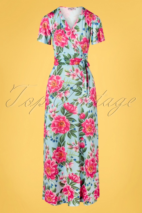 Vintage Chic for Topvintage - 50s Milene Floral Cross Over Maxi Dress in Pink and Blue
