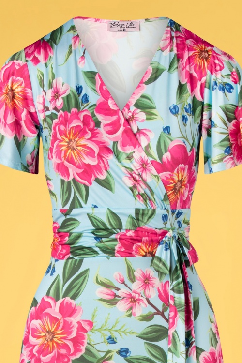 Vintage Chic for Topvintage - Milene Floral Cross Over Maxi Kleid in Pink und Blau 3