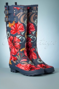 Ruby Shoo - Esme Floral Wellington Boots Années 60 en Bleu Marine et Corail 4