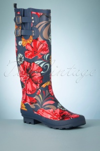 Ruby Shoo - 60s Esme Floral Wellington Boots in Navy and Coral 2
