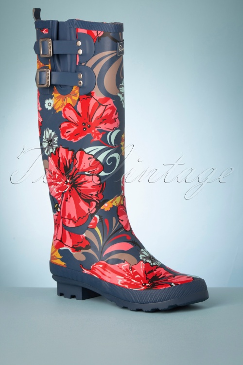 Ruby Shoo - Esme Floral Wellington Boots Années 60 en Bleu Marine et Corail 2