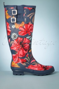 Ruby Shoo - Esme Floral Wellington Boots Années 60 en Bleu Marine et Corail 5