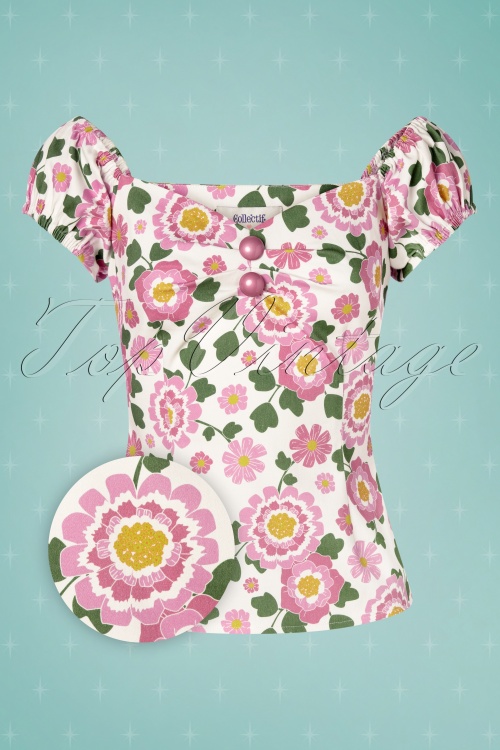 Collectif ♥ Topvintage - 50s Dolores Flower Power Top in White and Pink