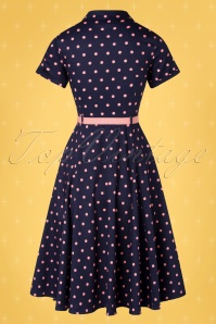 Collectif ♥ Topvintage - Caterina Pretty Polka swing jurk in marineblauw en roze 7