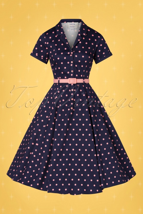 Collectif ♥ Topvintage - Caterina Pretty Polka swing jurk in marineblauw en roze 5