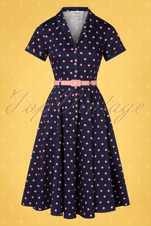 Collectif ♥ Topvintage - Caterina Pretty Polka swing jurk in marineblauw en roze 3